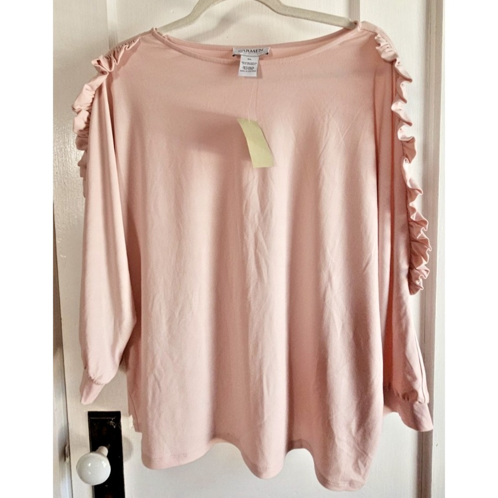 NWT CARMEN MARC VALVO womens pink elbow ruffle sleeves top Sz XL